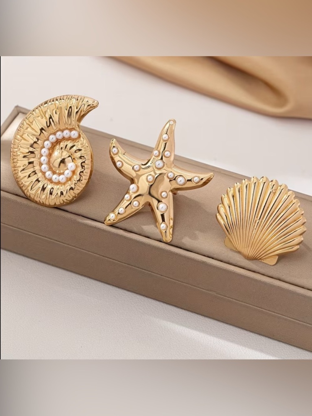 3 Gold Sea Shell Large Ring Pearl Set - Women Jewelry Set - Picture 3 of 4